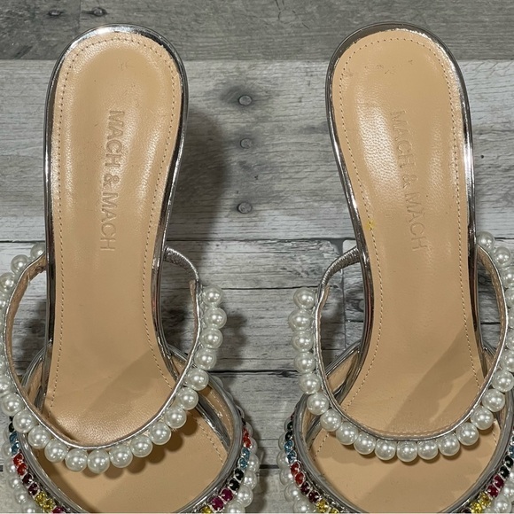MACH & MACH Diamond Of Elizabeth Imitation Pearl Pointed Toe Mule Silver Sz-38/8 - Picture 10 of 14